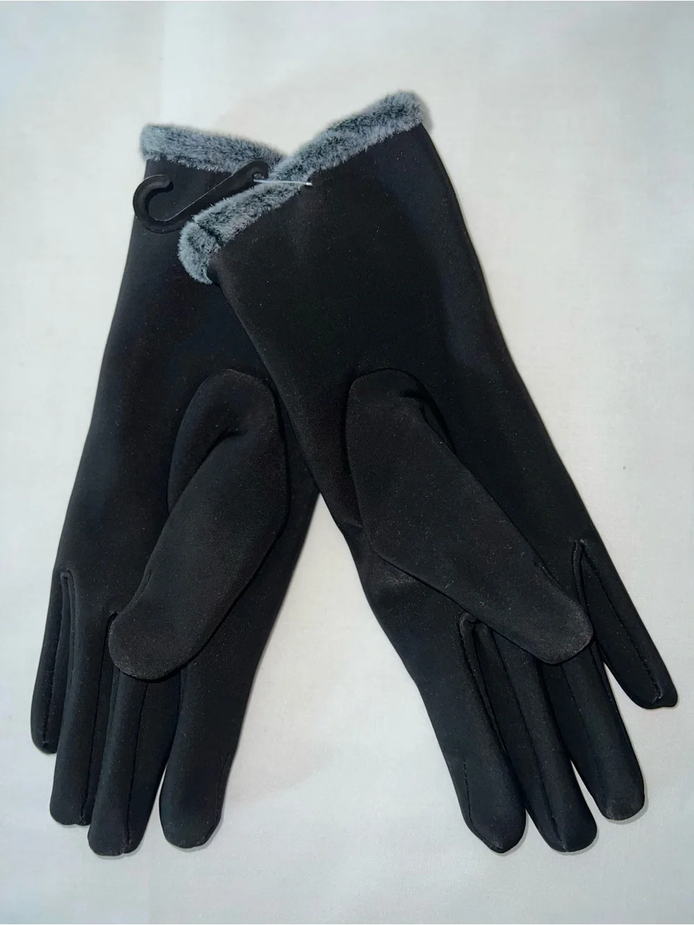 Women's Black Winter Gloves with Gray Faux-Fur Cuff and Button Trim